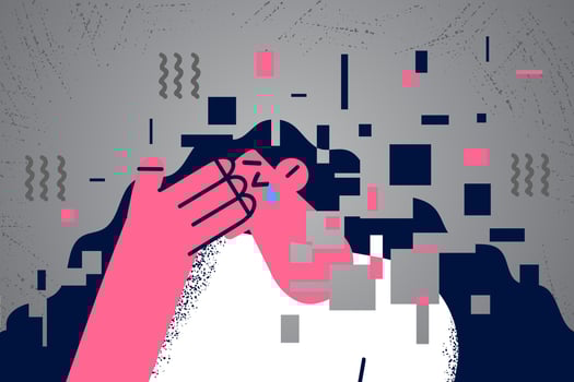 Unhappy young woman crying feel stressed suffer from mental or psychological disorder. Sad girl fall apart struggle with depression or anxiety attack. Counseling and healthcare. Vector illustration.