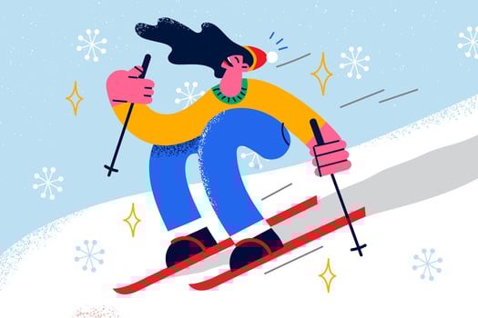 Happy young woman in outerwear have fun skiing in mountain resort. Smiling girl relax on winter holidays sliding down hill. Active vacation and entertainment concept. Vector illustration.