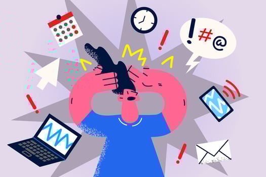 Stressed businesswoman overwhelmed with work tasks manage to meet deadline in office. Anxious female worker or employee frustrated with job plans and notification. Vector illustration.