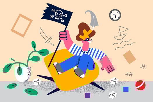 Happy small boy child in pirate costume have fun play alone in dirty room. Smiling naughty playful kid enjoy active game at home. Childhood and parenting concept. Vector illustration.