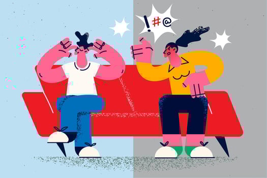 Husband close ears ignore furious wife quarrelling and shouting. Man avoid fight or argument with mad angry woman. Couple relationships problems and divorce or breakup. Vector illustration.