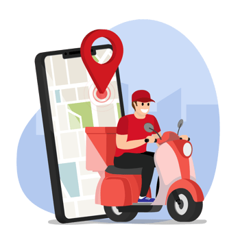 Scooter with delivery man flat cartoon character. Fast courier. Restaurant food service, mail delivery service, a postal employee the determination of geolocation using electronic device png