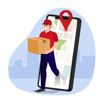 courier delivery man holding parcel box with mobile phone fast online delivery service online ordering internet e-commerce ideas for websites or banners 3D perspective illustration png