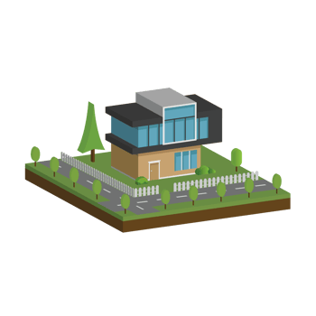 3D modern house and home. Isometric modern building and architecture with road, tree and fence . png