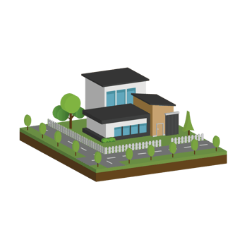 3D modern house and home. Isometric modern building and architecture with road, tree and fence . png