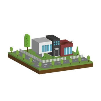 3D modern house and home. Isometric modern building and architecture with road, tree and fence . png