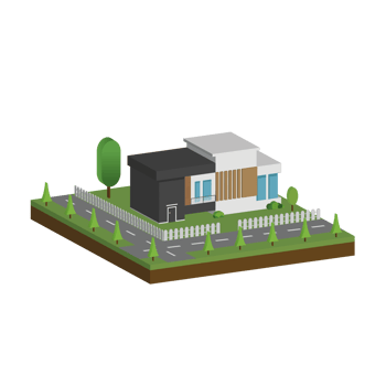 3D modern house and home. Isometric modern building and architecture with road, tree and fence . png
