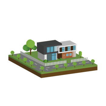 3D modern house and home. Isometric modern building and architecture with road, tree and fence . png