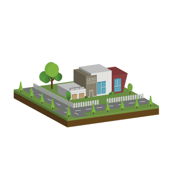 3D modern house and home. Isometric modern building and architecture with road, tree and fence . png