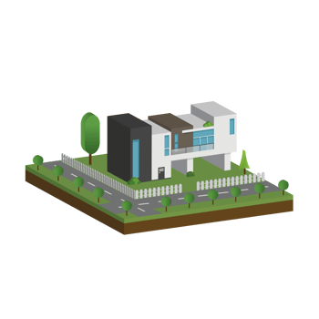 3D modern house and home. Isometric modern building and architecture with road, tree and fence . png