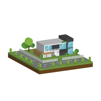 3D modern house and home. Isometric modern building and architecture with road, tree and fence . png