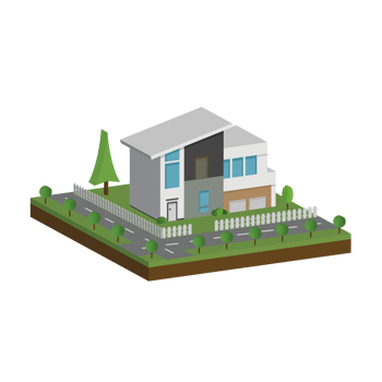 3D modern house and home. Isometric modern building and architecture with road, tree and fence . png