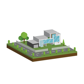 3D modern house and home. Isometric modern building and architecture with road, tree and fence . png