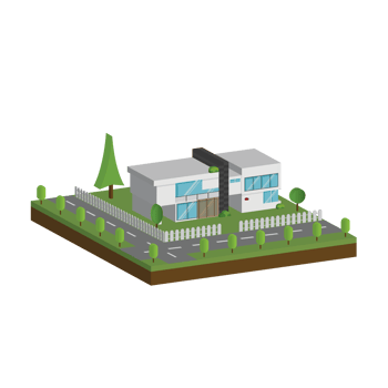 3D modern house and home. Isometric modern building and architecture with road, tree and fence . png