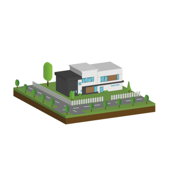 3D modern house and home. Isometric modern building and architecture with road, tree and fence . png
