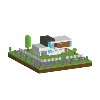 3D modern house and home. Isometric modern building and architecture with road, tree and fence . png