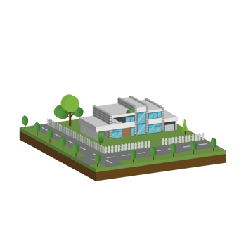 3D modern house and home. Isometric modern building and architecture with road, tree and fence . png