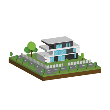 3D modern house and home. Isometric modern building and architecture with road, tree and fence . png