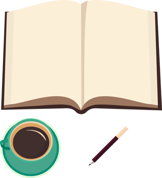 Top View of Open Book With Blank Pages, Pencil, Tea Cup Element. png