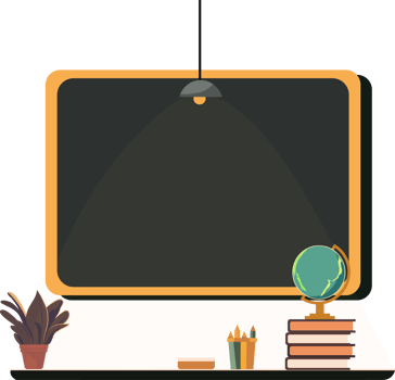 Empty Blackboard With Pen Holder, Duster, Stack of Books, Earth Globe Stand, Plant Pot And Ceiling Lamp In Classroom. png