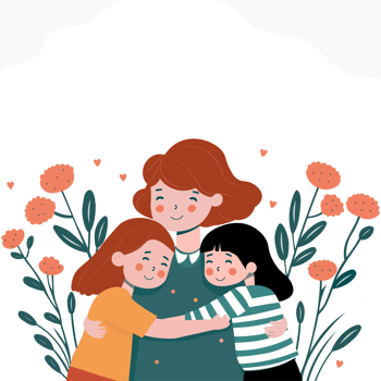Young Woman Character Hugging Cute Girls On Floral Decorated Background. png