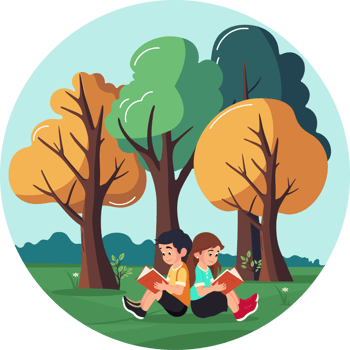 Character of Boy And Girl Sitting Back To Each Other While Reading Book On Beautiful Nature Background. png