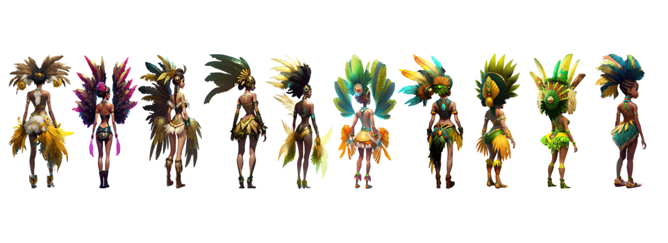 Set Of Brazilian Dancers Wearing Samba Dance Costume In Standing Different Poses. 3D Render. png