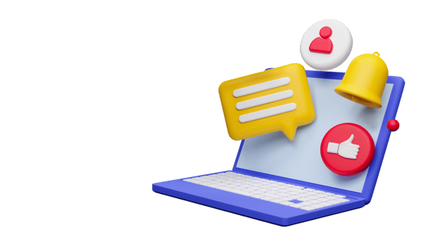 3D Render of Laptop Screen With Chat Box, Profile, Notification Bell, Like Button. png