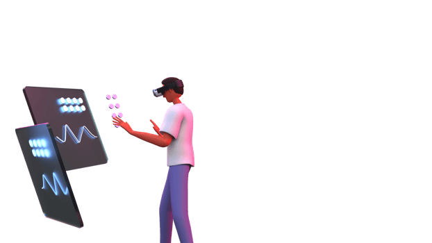 3D Render of Young Man Character Interacting With Holographic Screens Through VR Goggles. png