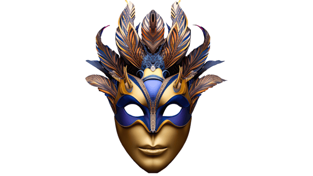 Golden And Blue Venetian Face Mask With Feathers Icon. 3D Render. png
