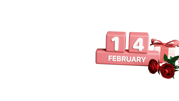 3D Render of 14 February Text With Paper Roses, Gift Box Element. png