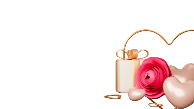 Pink Paper Rose With Glossy Heart Shapes, Gift Box Elements. 3D Render. png