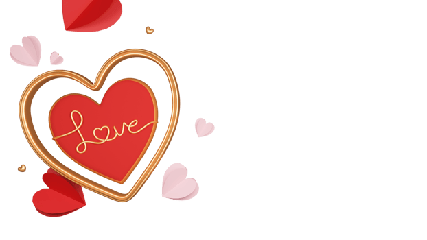 3D Render of Golden Love Text Inside Heart Shape Frame And Paper Hearts Elements. png