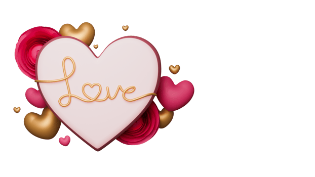3D Render of Golden Love Text On Heart Shape Frame, Paper Roses, Tiny Hearts Elements. png
