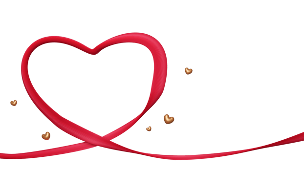 3D Render, Red Ribbon Forming Heart Shape And Golden Tiny Hearts Elements. png