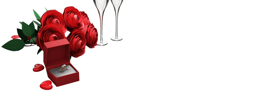 3D Render of Diamond Ring Box With Paper Roses, Hearts, Flute Glasses Elements. png