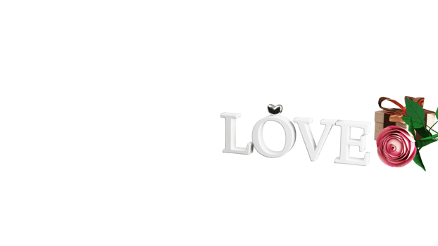 3D Render of White Love Text With Heart Ring, Paper Rose, Gift Box Element. png