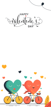 Happy Valentine's Day Vertical Banner With Character of Hearts Couple Cycling Together. png