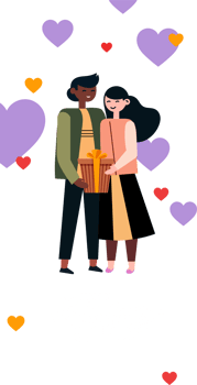 Happy Valentine's Day Vertical Banner Design With Young Couple Character Holding A Gift Box, Heart Shapes. png