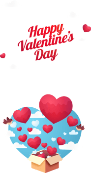 Sticker Style Happy Valentine's Day Font With Red Hearts Coming Out of Cardboard Box, Flying Birds And Clouds On Sky Blue Background. png