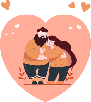 Hugging Young Man And Woman With Pastel Pink Heart Shapes On Leaves Background. Love Concept. png