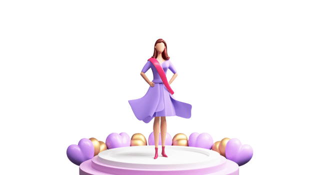3D Render, Winner Modern Young Girl Standing On Stage And Heart Balloons. png