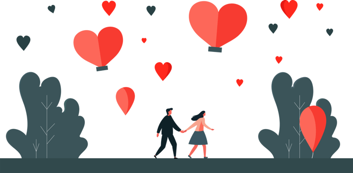 Walking Young Man And Woman Holding Hands With Flying Heart Shapes, Leaves And Copy Space. Love Concept. png