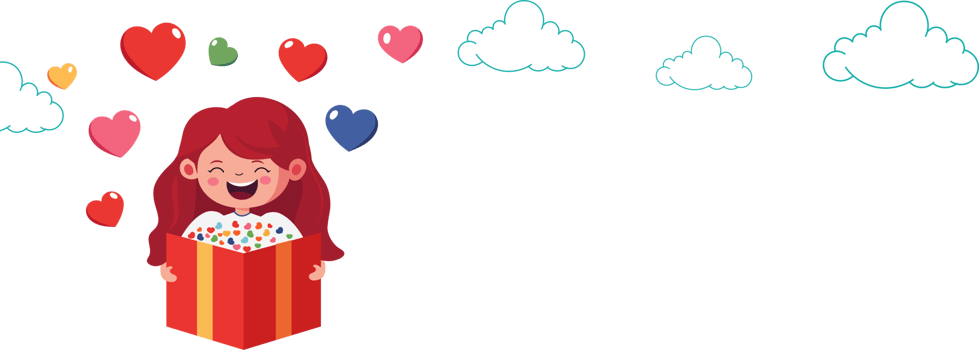 Laughing Girl Holding Card Or Letter With Colorful Hearts, Clouds And Copy Space. Love Or Valentine Concept. png