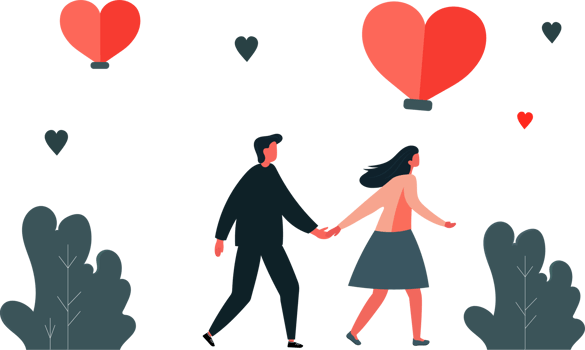 Walking Young Man And Woman Holding Hands With Flying Heart Shapes, Leaves And Copy Space. Love Concept. png