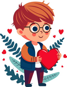 Young Boy Holding Red Heart In Standing Pose, Leaves And Little Hearts png