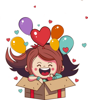 Excited Cute Girl With Balloons, Hearts Coming Out From Inside Surprise Box And Copy Space. png