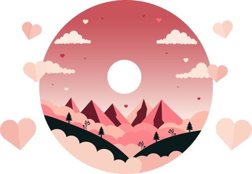 Paper Style Sun Landscape Background And Pink Heart Shapes. png