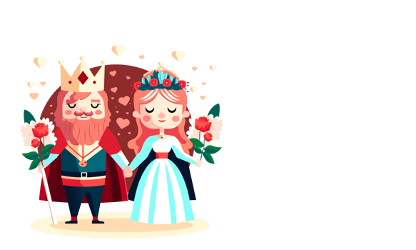 Cartoon Illustration Of King And Queen Holding Hands Together With Bouquet, Hearts. png