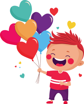 Cheerful Boy Holding A Bunch Of Colorful Heart Balloons. png